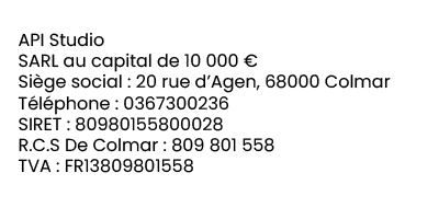 Texte présentant les informations relatives à la société API Studio, notamment son adresse, son numéro de téléphone, son numéro SIRET, son numéro RCS et son numéro de TVA, en français.