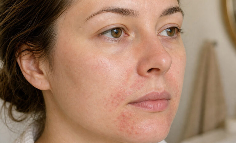 Gros plan sur le visage d'une femme présentant de légères rougeurs et de l'acné sur les joues et le menton