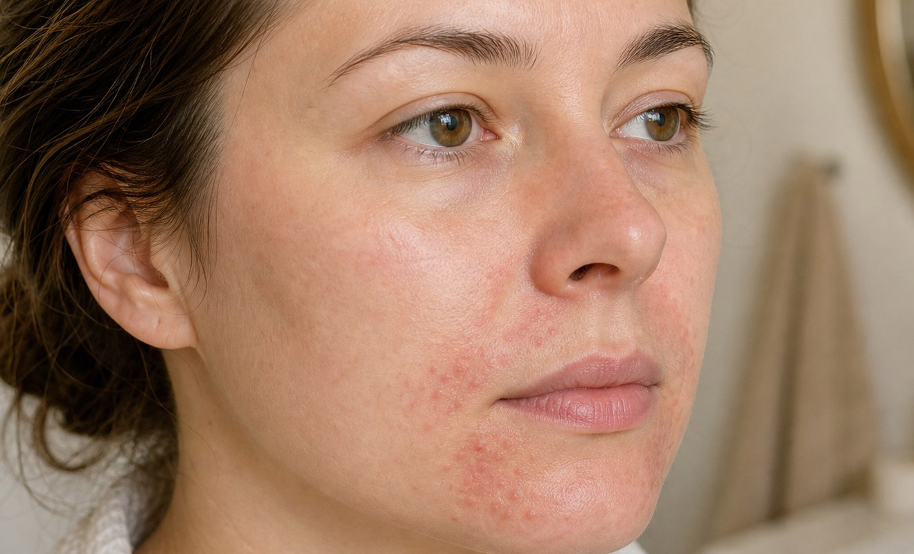 Gros plan sur le visage d'une femme présentant de légères rougeurs et de l'acné sur les joues et le menton