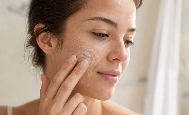 Une femme applique un gommage pour le visage sur sa joue avec ses doigts