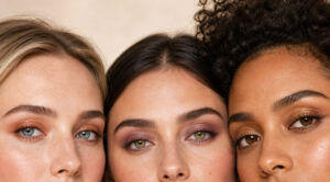 Trois femmes se tiennent côte à côte, dévoilant leur visage et leur maquillage des yeux.