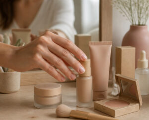 Une main tend la main vers un flacon de fond de teint posé parmi divers produits de beauté sur une coiffeuse en bois