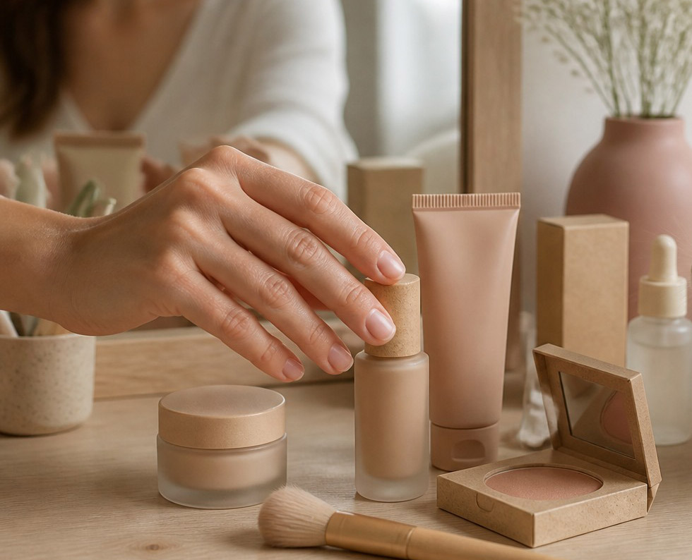 Une main tend la main vers un flacon de fond de teint posé parmi divers produits de beauté sur une coiffeuse en bois