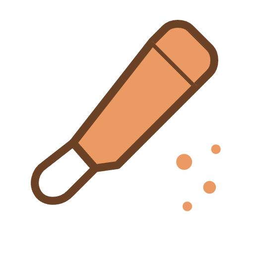 Illustration d'un pinceau de maquillage marron et orange, avec trois points orange à proximité, représentant de la poudre de maquillage ou du fard à joues.