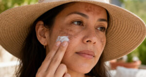 Une femme portant un chapeau à large bord applique de la crème sur sa joue, sur laquelle on distingue des taches d'hyperpigmentation.
