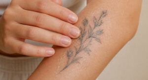 Une main effleure un avant-bras orné d'un tatouage floral en cours de cicatrisation