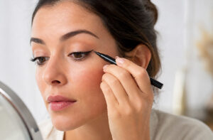 Une femme en train d'appliquer de l'eyeliner sur sa paupière